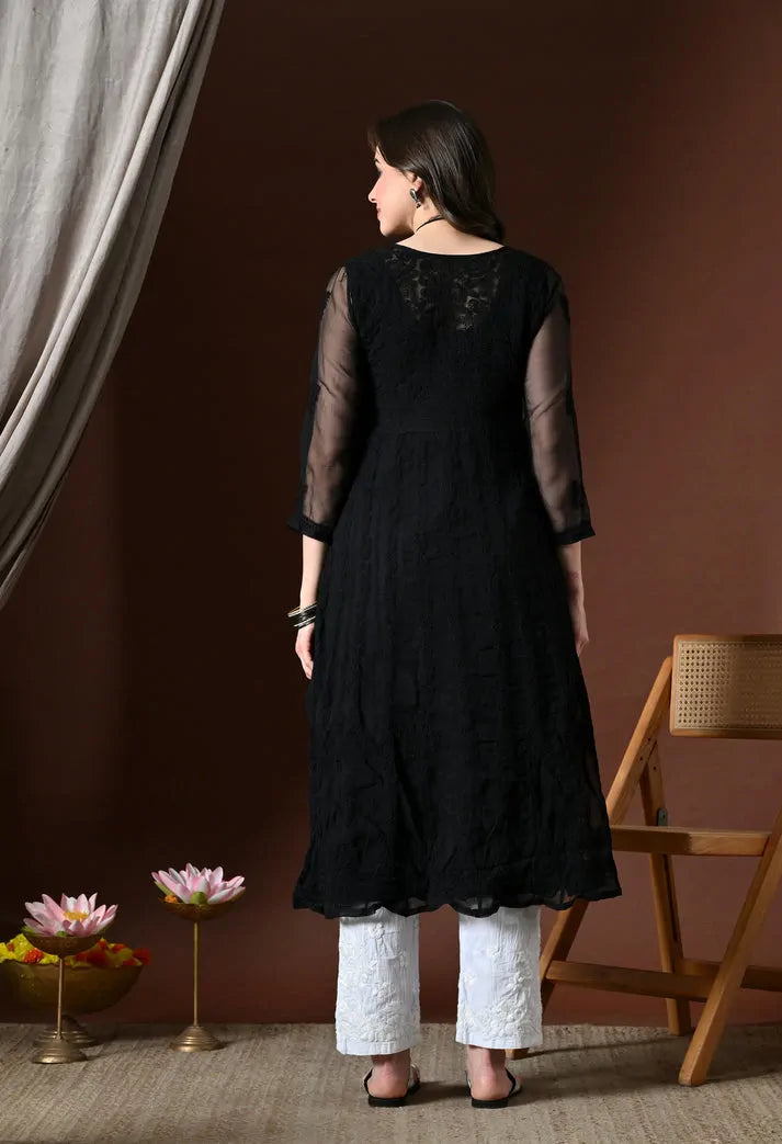 Back View of Black Chikankari Handwork Anarkali Kurti