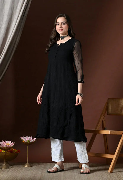 Black Chikankari Handwork Anarkali Kurti Front View
