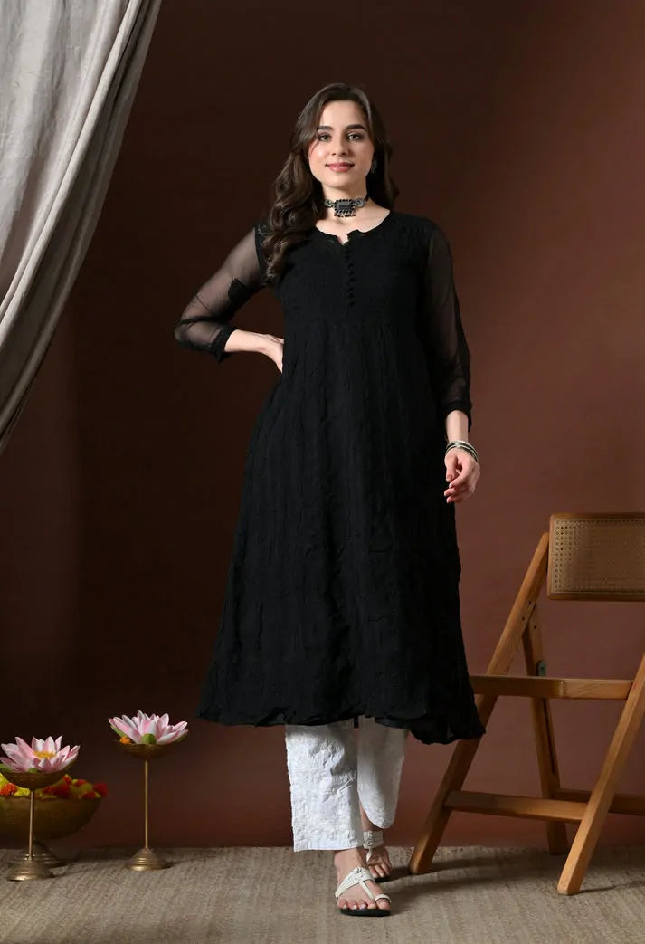 Black Chikankari Handwork Anarkali Kurti Model Pose