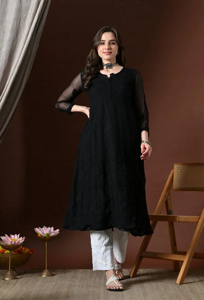 Black Chikankari Handwork Anarkali Kurti Model Pose