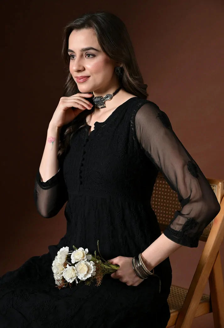 Portrait View of Black Chikankari Handwork Anarkali Kurti