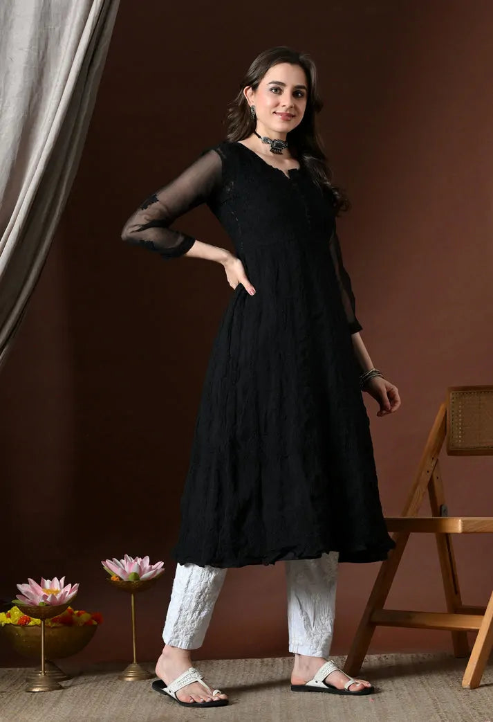 Side View of Black Chikankari Handwork Anarkali Kurti