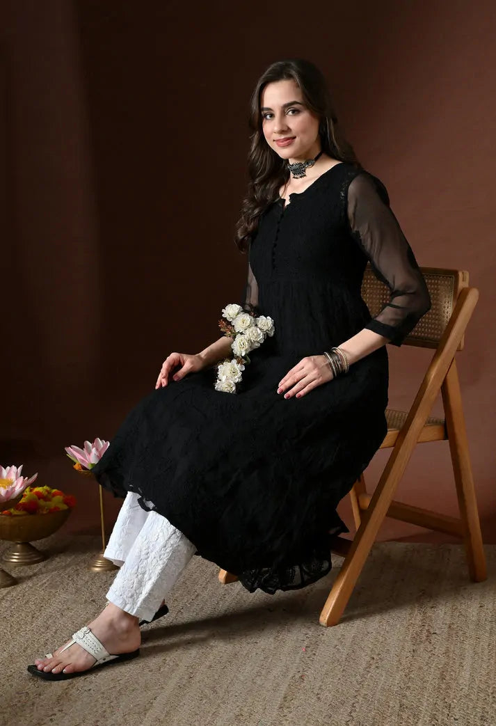 Black Chikankari Anarkali Kurti Sitting Pose