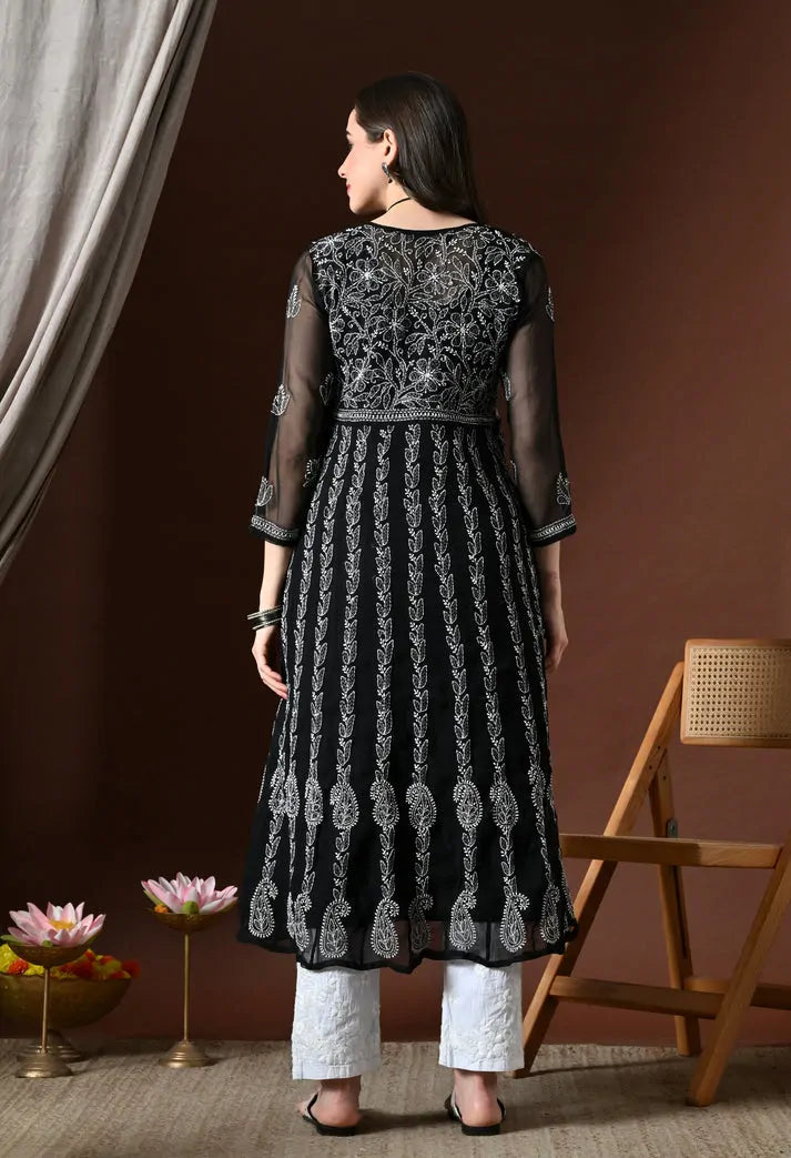 Back View of Black Lucknowi Chikankari Handwork Anarkali Kurti