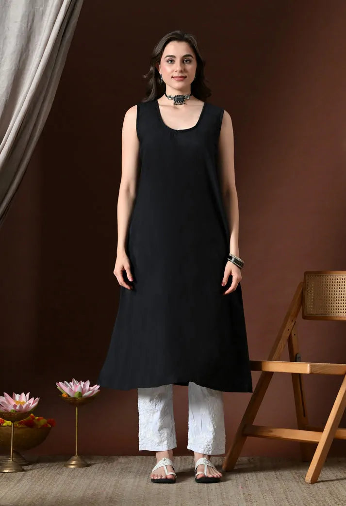 Black Lucknowi Chikankari Handwork Anarkali Kurti Front View