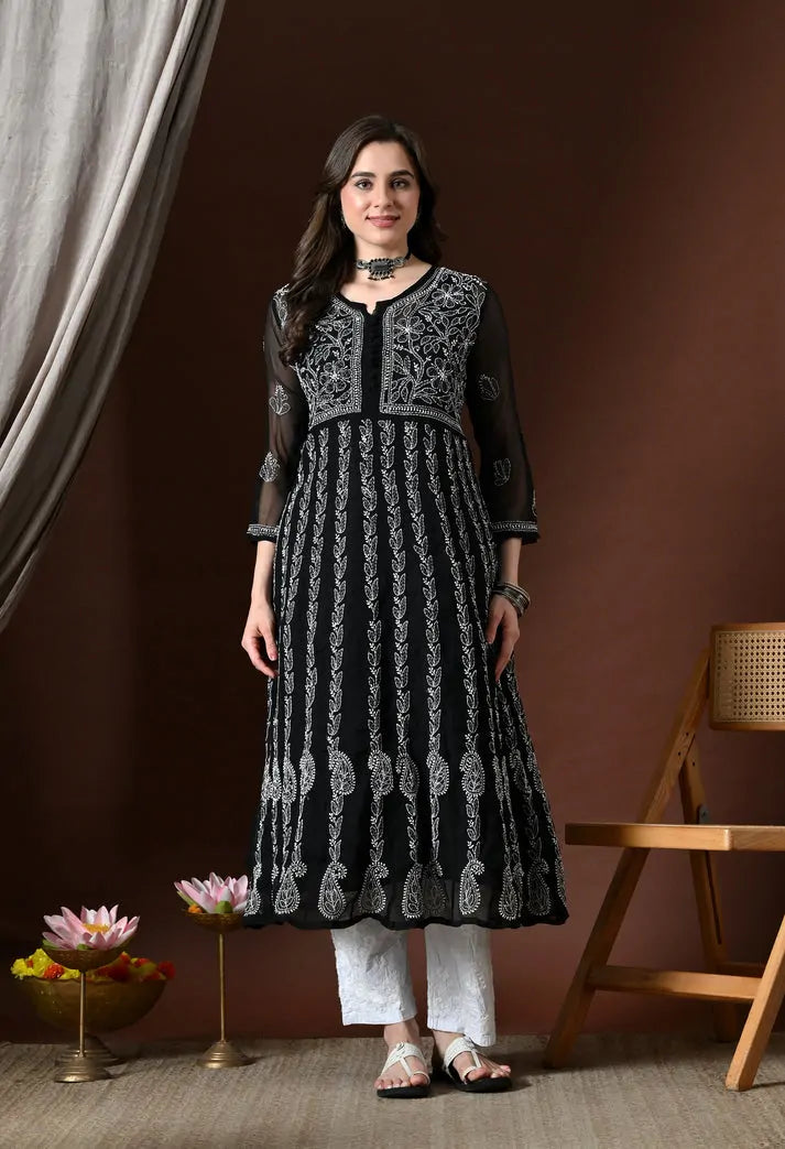 Full Length Black Lucknowi Chikankari Anarkali Kurti