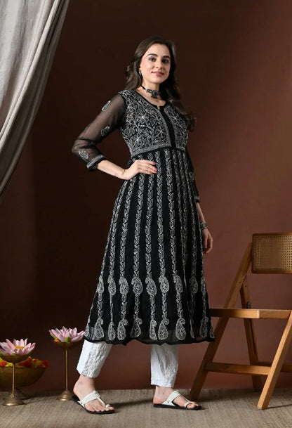 Black Lucknowi Chikankari Anarkali Kurti Model Pose