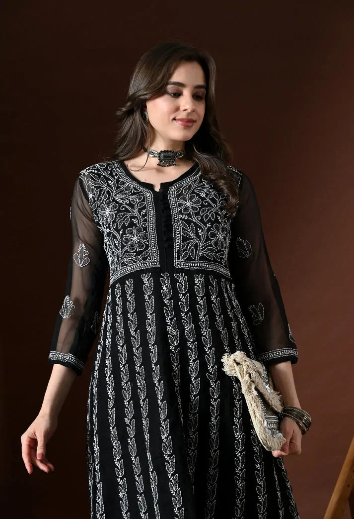 Portrait View of Black Lucknowi Chikankari Handwork Anarkali Kurti