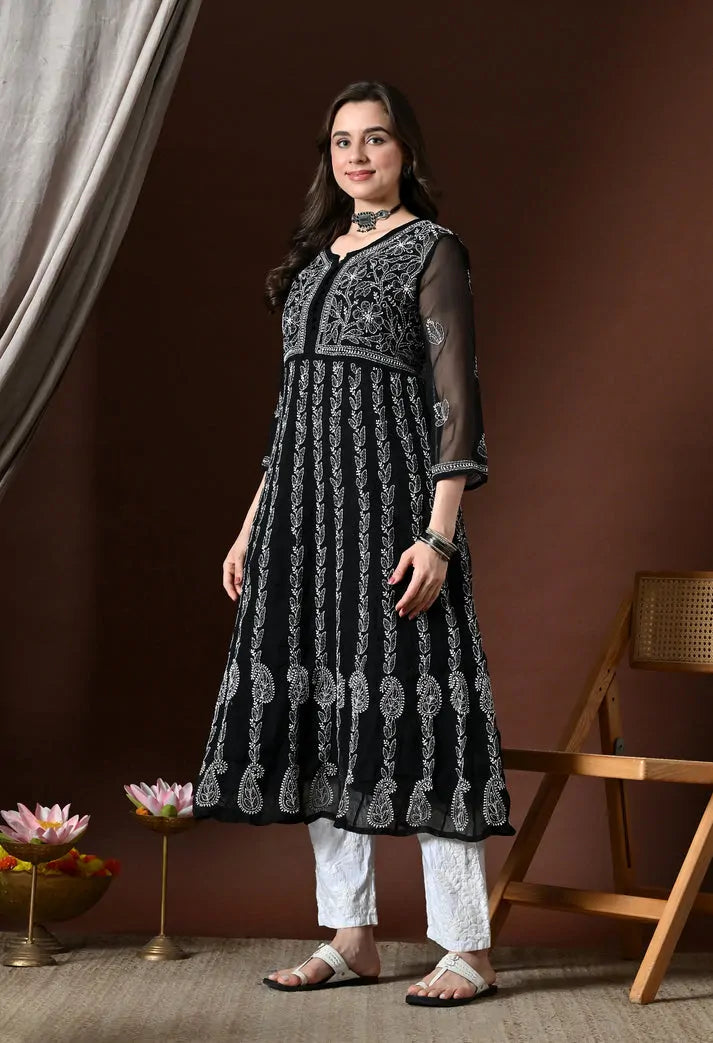 Side View of Black Lucknowi Chikankari Handwork Kurti