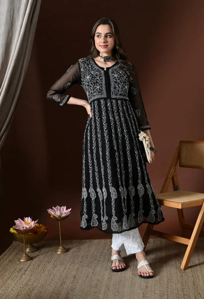 Styled Look of Black Lucknowi Chikankari Handwork Kurti