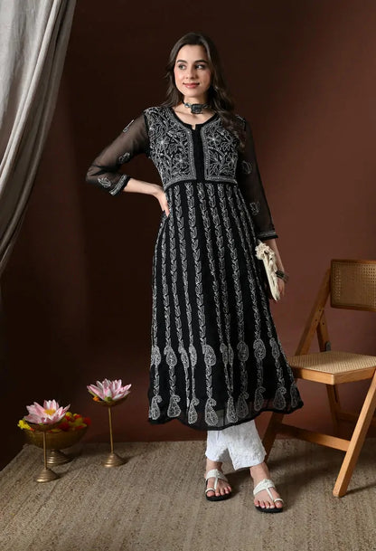 Styled Look of Black Lucknowi Chikankari Handwork Kurti