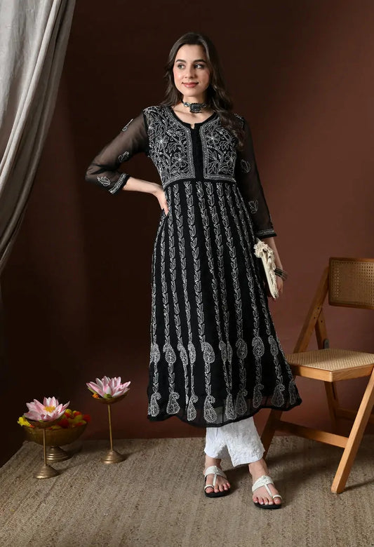 Styled Look of Black Lucknowi Chikankari Handwork Kurti