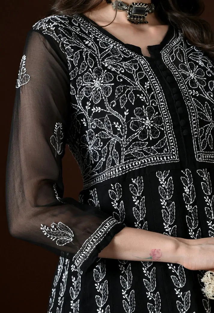 Close Up Neck Embroidery Detail of Black Lucknowi Chikankari Kurti