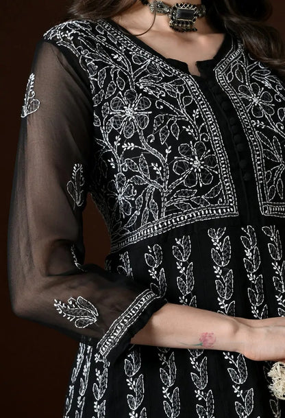 Close Up Neck Embroidery Detail of Black Lucknowi Chikankari Kurti