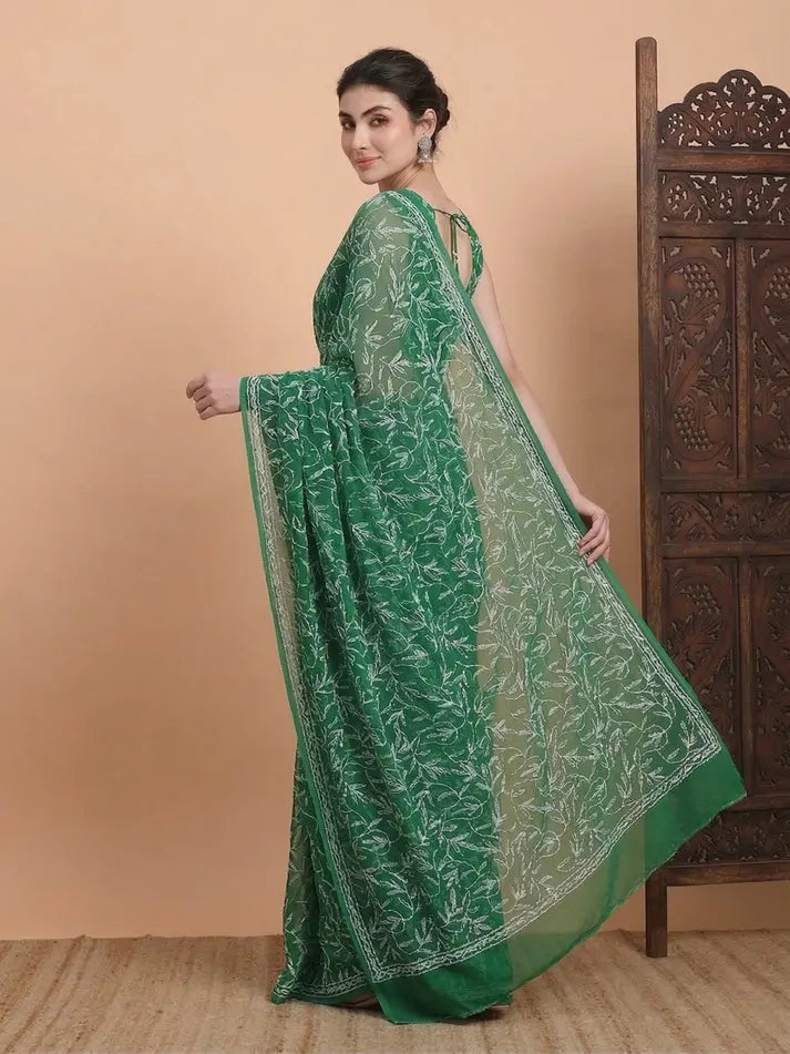 Bottle Green Chikankari Saree Angled View