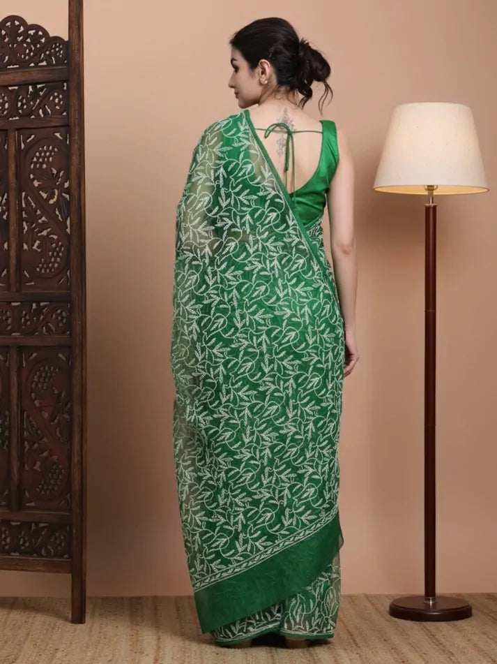 bottle-green-lucknowi-chikankari-saree-back-pose