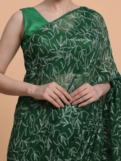 Bottle Green Chikankari Saree Closeup Pose