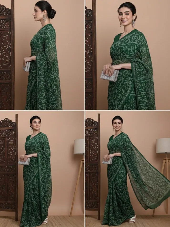 Bottle Green Chikankari Saree Collage View