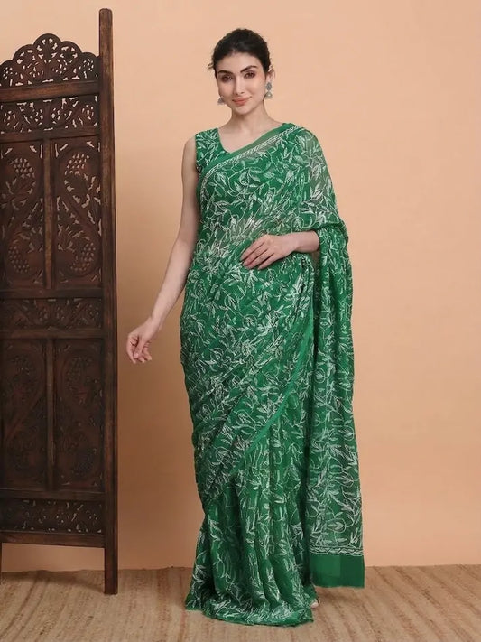 Bottle Green Lucknowi Chikankari Saree Front View