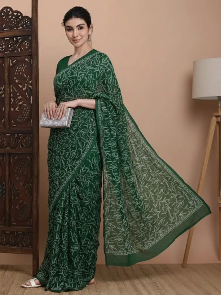 Bottle Green Chikankari Saree Full View
