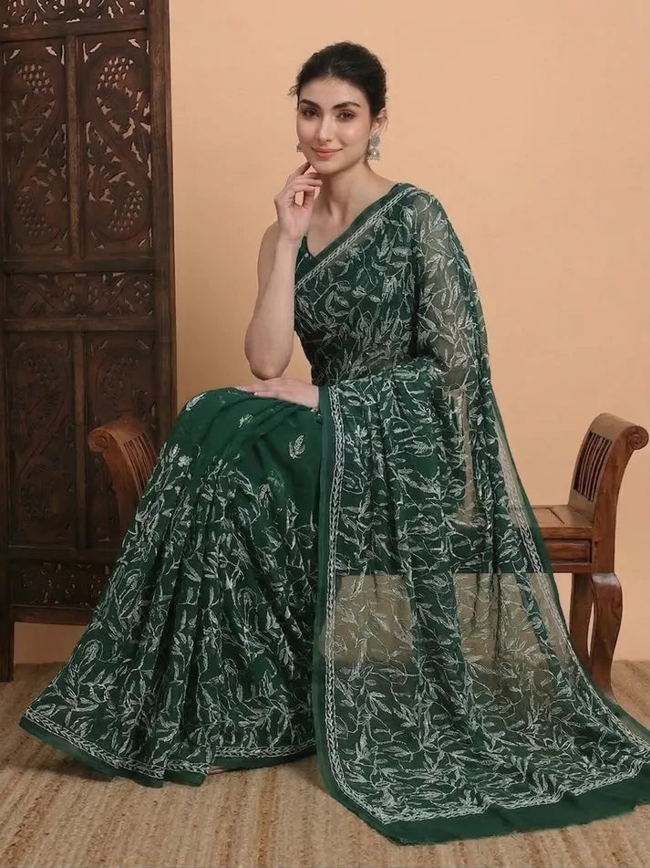 Bottle Green Chikankari Saree Seated Pose