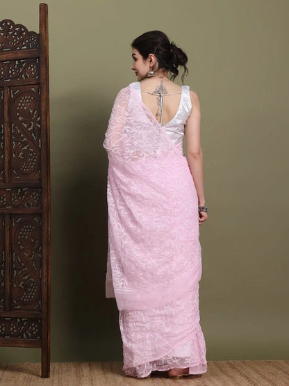 Back view of exclusive baby pink Tepchi hand-made Chikankari saree with detailed pallu 