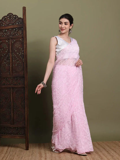 Full length view of exclusive baby pink Tepchi hand-made Chikankari saree   