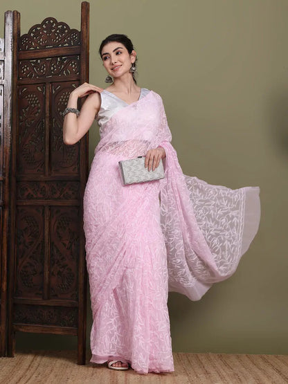 Elegant pallu display of exclusive baby pink hand-embroidered Tepchi Chikankari saree