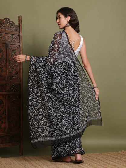 Back view of exclusive black Tepchi hand-made Chikankari saree with pallu