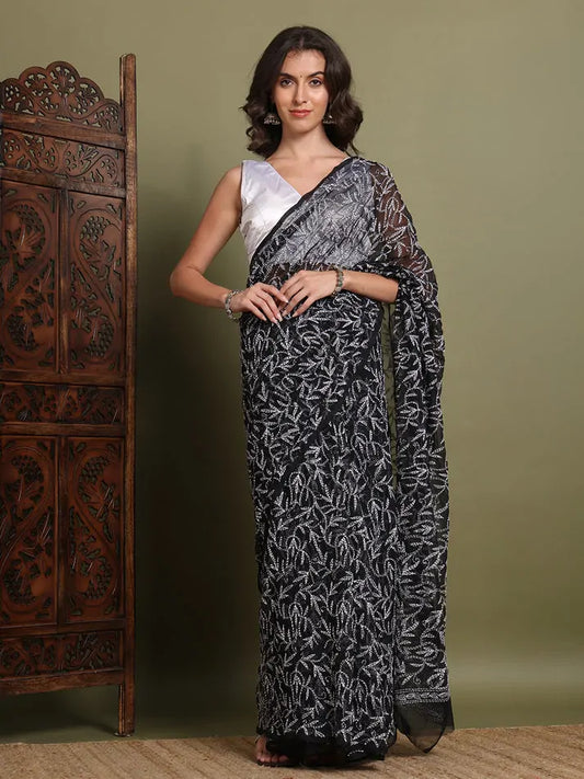Front view of exclusive black Tepchi hand-made Chikankari saree for women