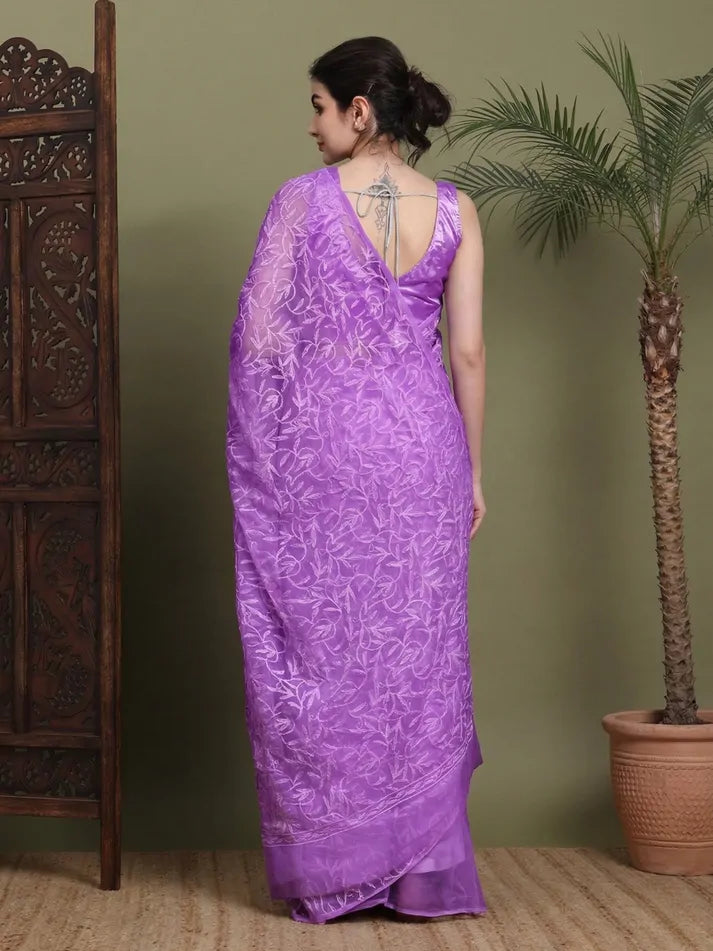 Back view of exclusive Dark Purple Tepchi hand-made Chikankari saree with detailed pallu