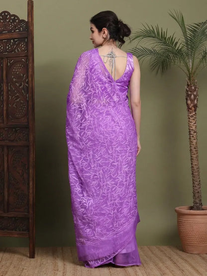 Back view of exclusive Dark Purple Tepchi hand-made Chikankari saree with detailed pallu