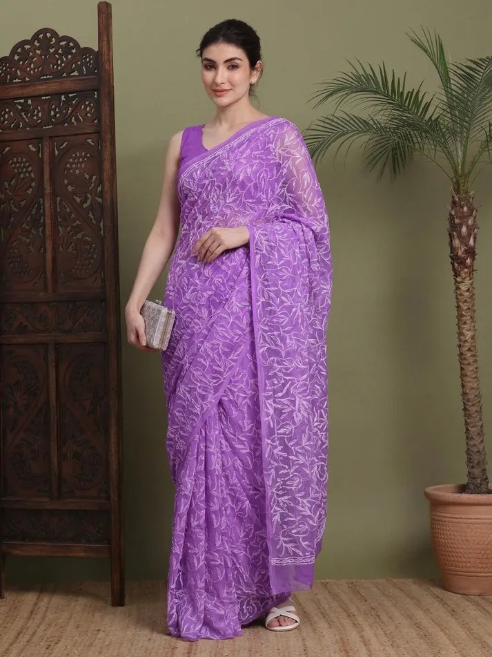 Front view of exclusive dark purple Tepchi hand-made Chikankari saree for women