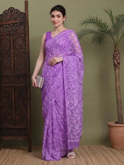 Front view of exclusive dark purple Tepchi hand-made Chikankari saree for women