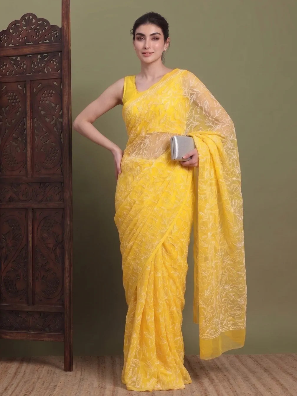 Front view with pallu of exclusive Dark Yellow Tepchi hand-made Chikankari saree for women