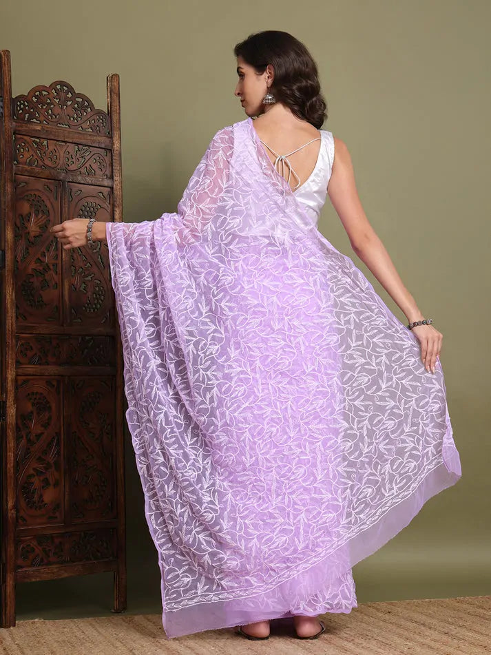 Back view of exclusive lavender Tepchi hand-embroidered Chikankari saree