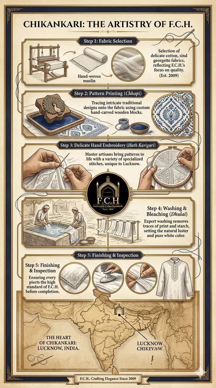 Tepchi hand-made Chikankari craftsmanship and embroidery process infographic