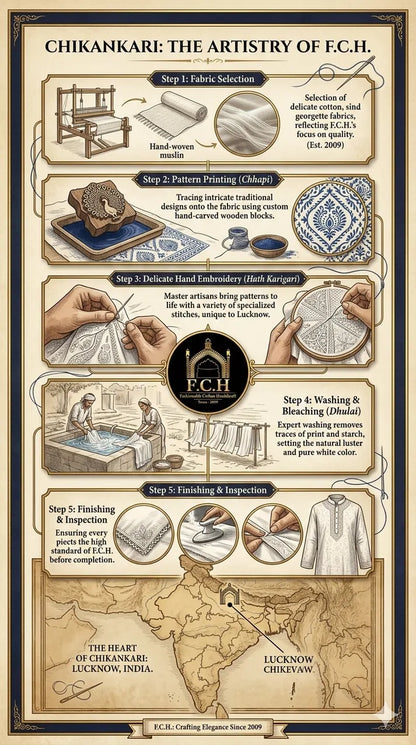 Tepchi hand-made Chikankari craftsmanship and embroidery process infographic