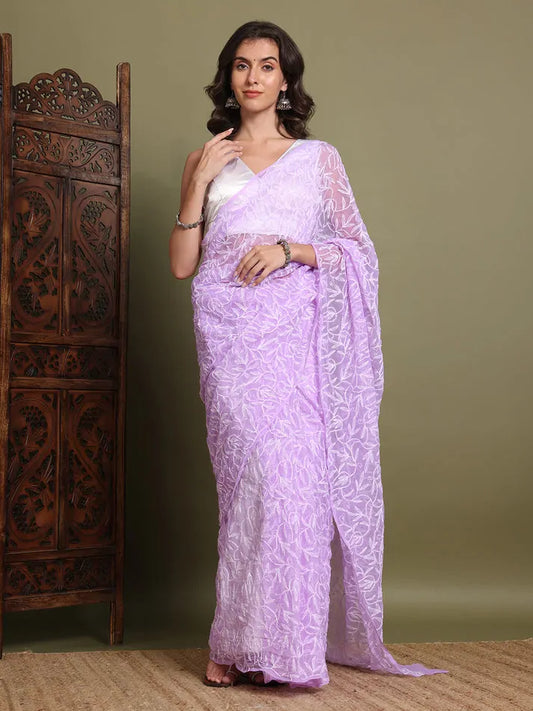 Exclusive lavender Tepchi hand-made Chikankari saree front view for women