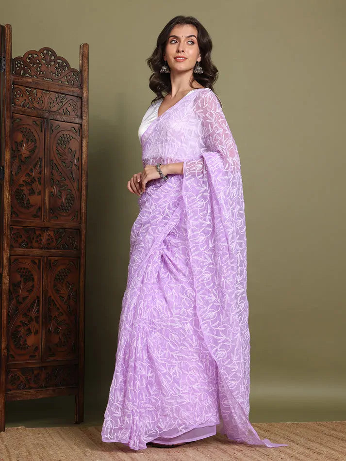 Side view of exclusive lavender hand-made Tepchi Chikankari saree