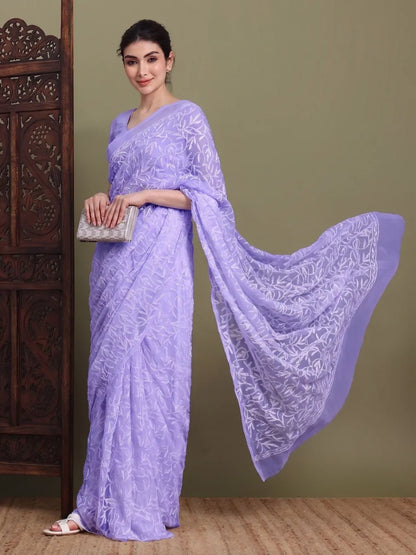 Front view of exclusive light lavender Tepchi hand-made Chikankari saree for women