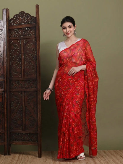 Front view of exclusive multi red Tepchi hand-made Chikankari saree for women