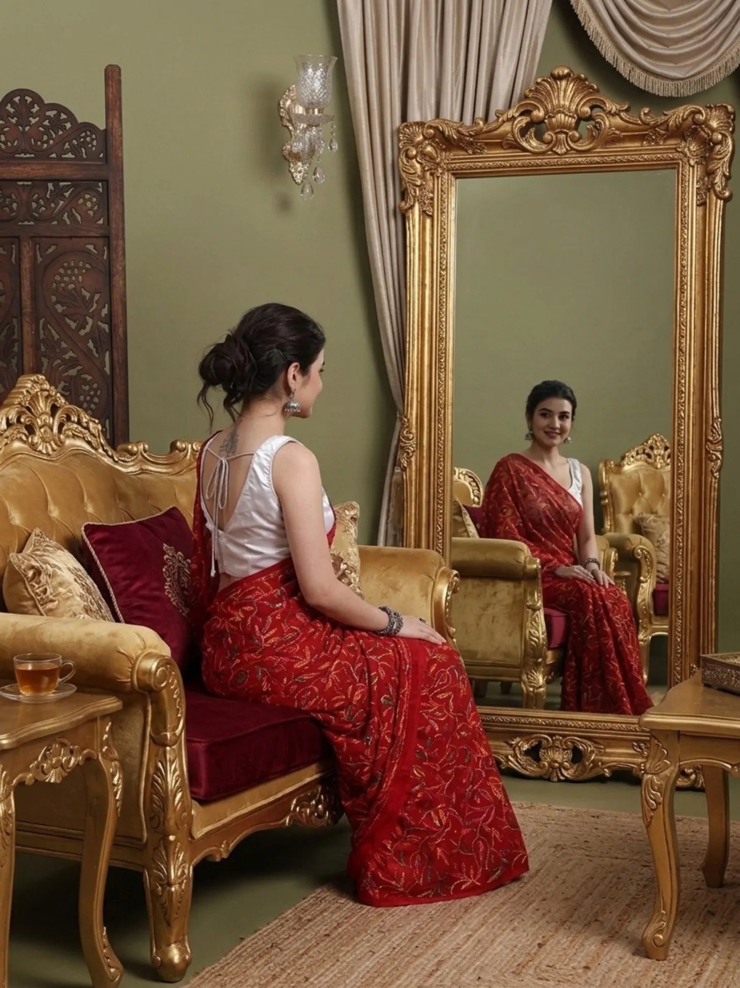 Mirror Front view of exclusive multi red Tepchi hand-made Chikankari saree for women