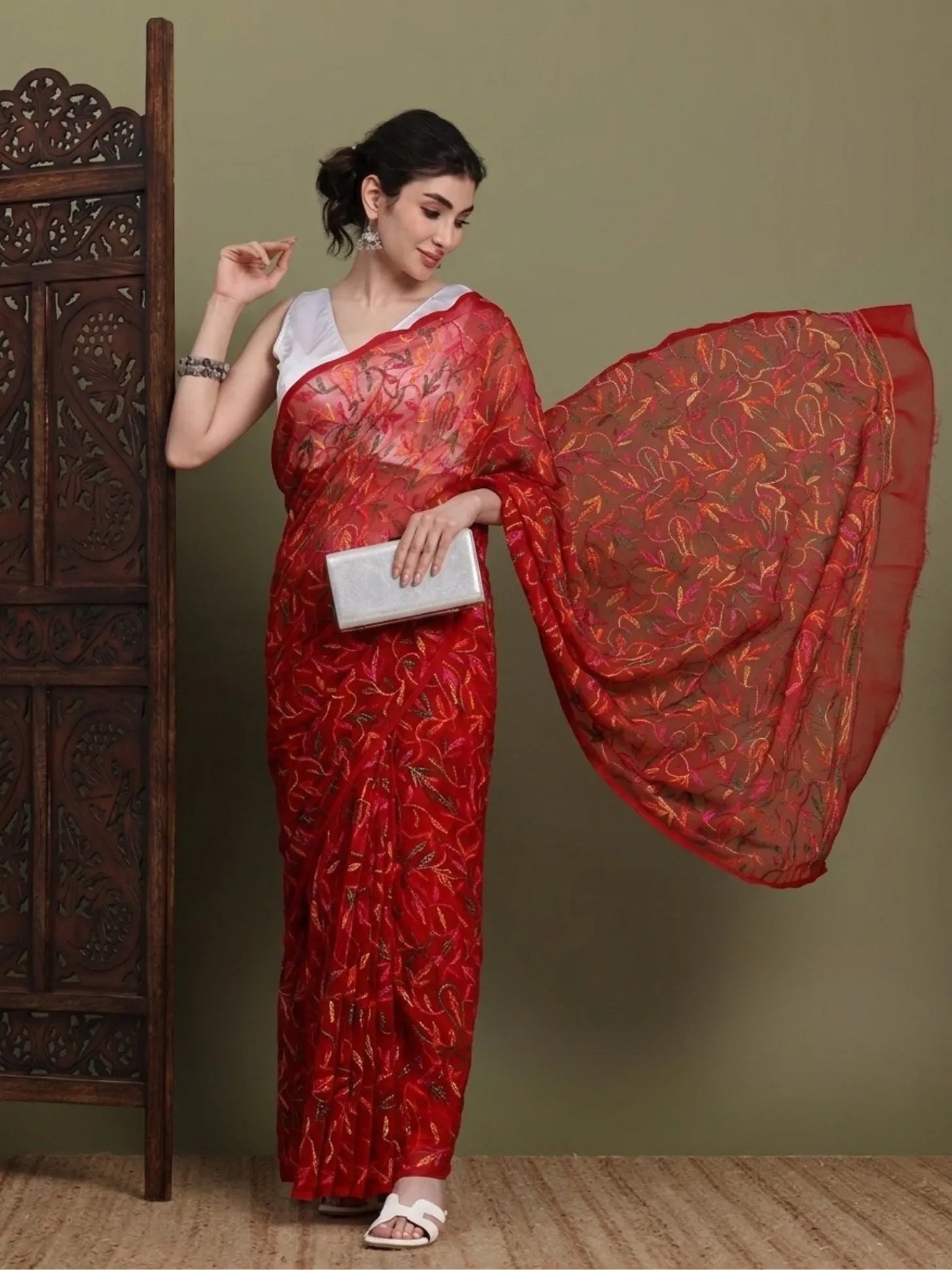 Side view with pallu of exclusive multi red Tepchi hand-made Chikankari saree for women