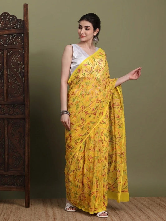 Side view of exclusive multi yellow Tepchi hand-made Chikankari saree for women