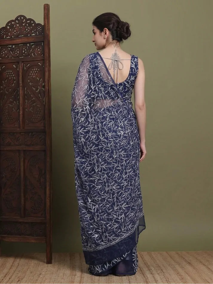Back view of exclusive Navy Blue Tepchi hand-made Chikankari saree with detailed pallu