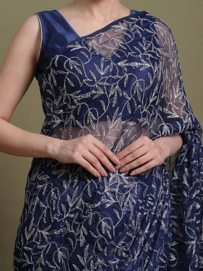 Close-up embroidery detail of exclusive Navy Blue hand-crafted Tepchi Chikankari saree