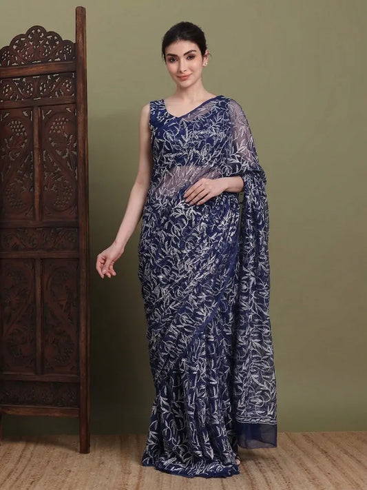 Front view of exclusive Navy Blue Tepchi hand-made Chikankari saree for women