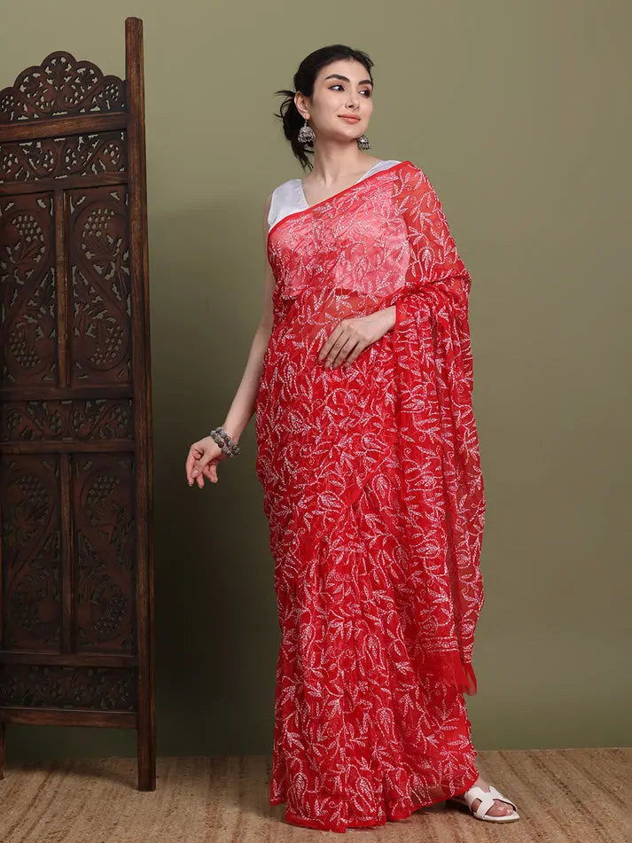 Front view of exclusive red Tepchi hand-made Chikankari saree for women
