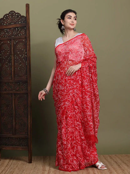 Front view of exclusive red Tepchi hand-made Chikankari saree for women